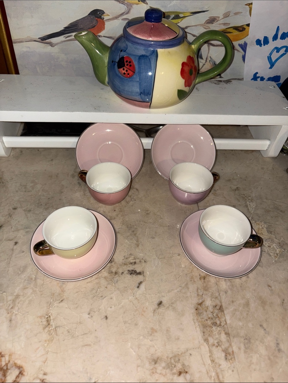 Tiny Colorful Pastel Tea Set with Hand-Painted Teapot